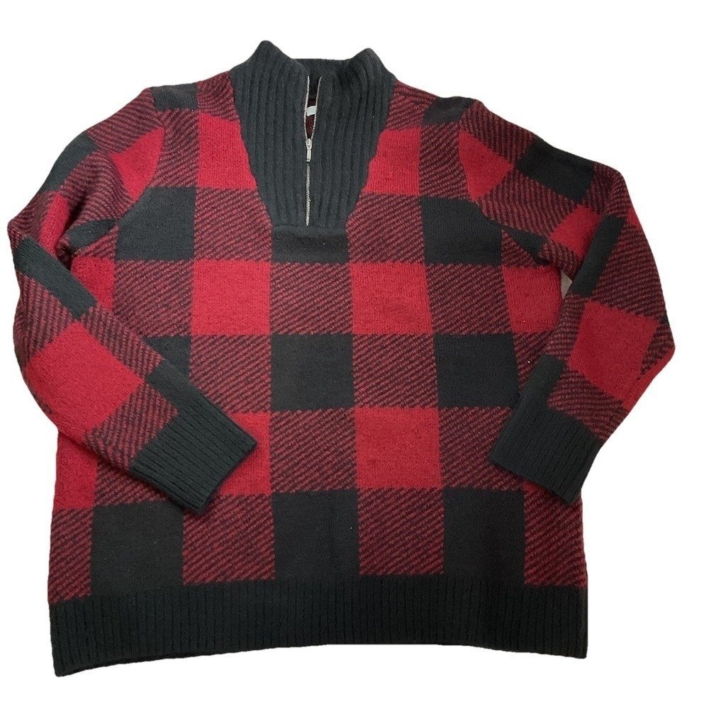 Croft Barrow Red Black Buffalo Plaid Quarter Zip‎ Sweater Size Large